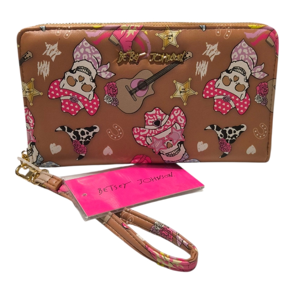 Betsey Johnson Western Cowgirl Skull Wallet Wristlet - Brown and Pink NWT